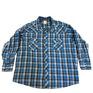 Wrangler Shirt Mens Blue Metallic Pearl Snap Tinsel Plaid Saw Tooth Western 3XL